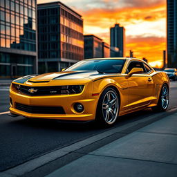 A striking yellow and black Camaro parked on a city street, showcasing its sleek and muscular design