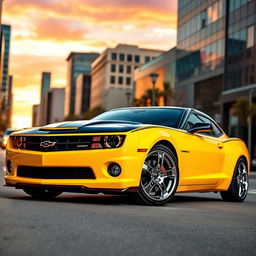 A striking yellow and black Camaro parked on a city street, showcasing its sleek and muscular design