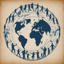 A stylized stencil drawing illustrating the concept of networking running the world, embodying interconnectedness with global landmarks and communication symbols.