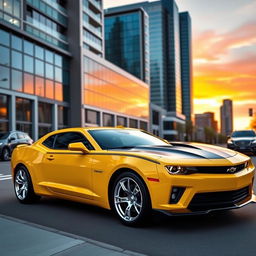 A striking yellow and black Camaro parked on a city street, showcasing its sleek and muscular design