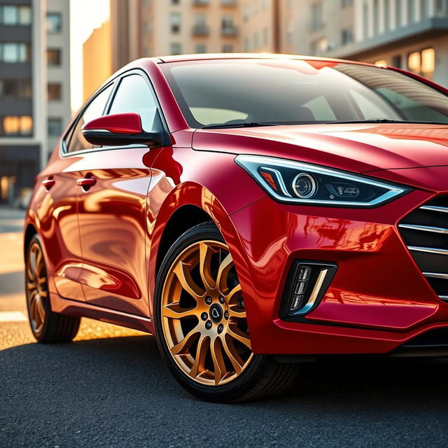 A Hyundai vehicle in a striking red color, featuring stunning dovetail wheels that have a gold finish