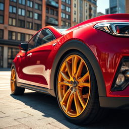 A Hyundai vehicle in a striking red color, featuring stunning dovetail wheels that have a gold finish