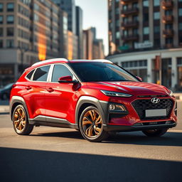 A Hyundai vehicle in a striking red color, featuring stunning dovetail wheels that have a gold finish