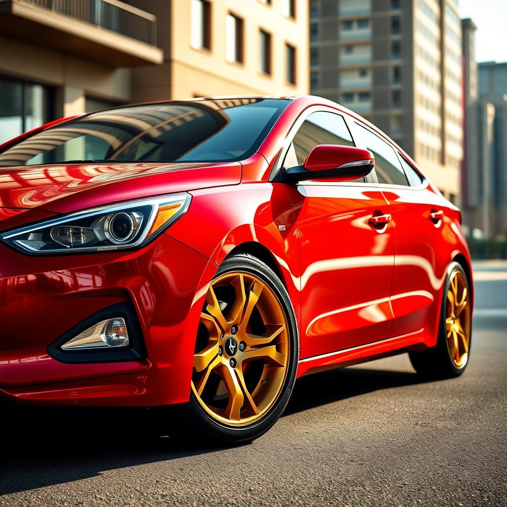 A Hyundai vehicle in a striking red color, featuring stunning dovetail wheels that have a gold finish