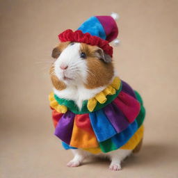 A cute guinea pig dressed as a jester, with a playful and colorful attire, full of beads, bells, and ruffles, standing on its hind legs with an amusing expression.