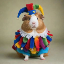 A cute guinea pig dressed as a jester, with a playful and colorful attire, full of beads, bells, and ruffles, standing on its hind legs with an amusing expression.