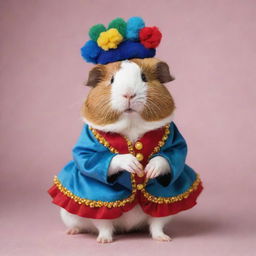 A cute guinea pig dressed as a jester, with a playful and colorful attire, full of beads, bells, and ruffles, standing on its hind legs with an amusing expression.