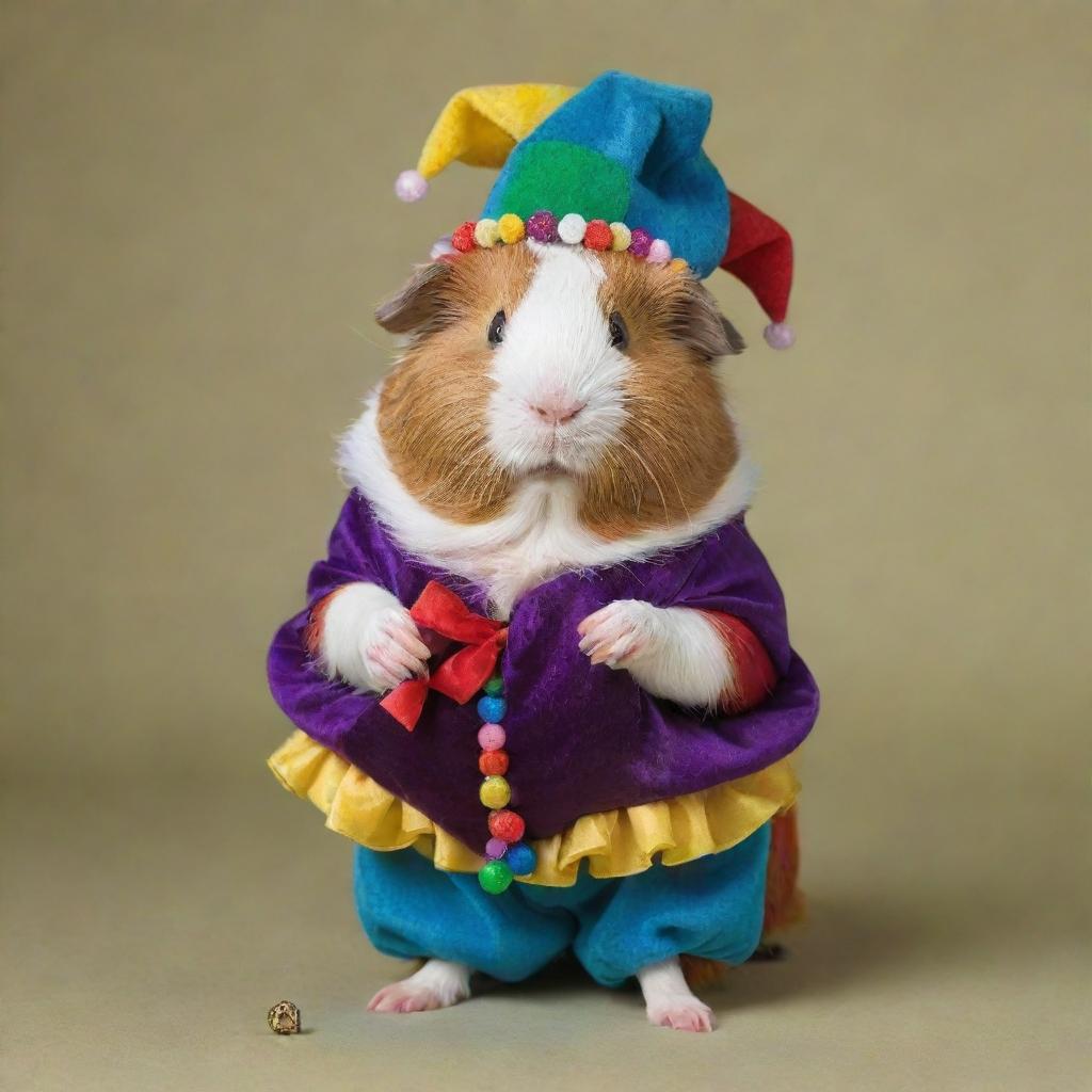 A cute guinea pig dressed as a jester, with a playful and colorful attire, full of beads, bells, and ruffles, standing on its hind legs with an amusing expression.