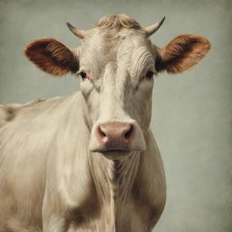 A cow depicted in a vintage style, featuring details reminiscent of early 20th-century naturalistic illustrations, with a soft muted color palette.