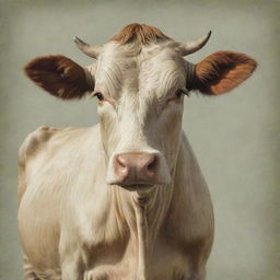 A cow depicted in a vintage style, featuring details reminiscent of early 20th-century naturalistic illustrations, with a soft muted color palette.