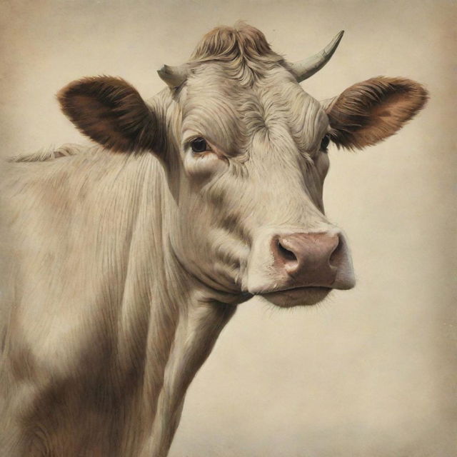 A cow depicted in a vintage style, featuring details reminiscent of early 20th-century naturalistic illustrations, with a soft muted color palette.