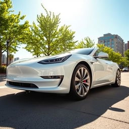 A sleek, modern white Tesla car parked in a stylish urban setting