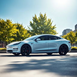 A sleek, modern white Tesla car parked in a stylish urban setting