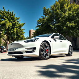 A sleek, modern white Tesla car parked in a stylish urban setting