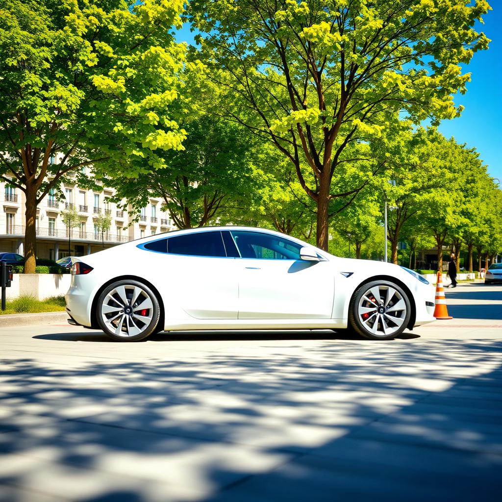 A sleek, modern white Tesla car parked in a stylish urban setting