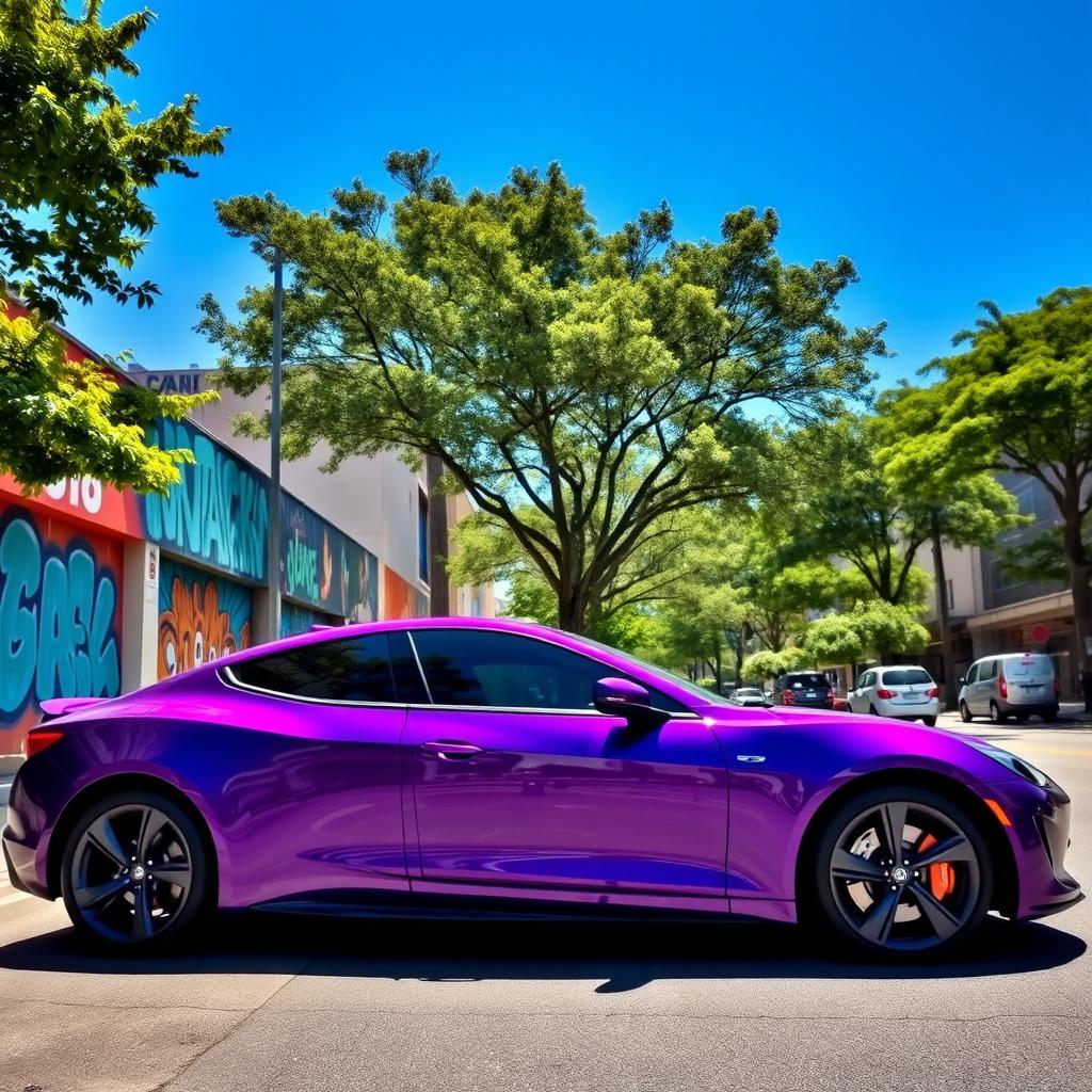 A vibrant purple car parked on a sunny street, showcasing its sleek design and glossy finish