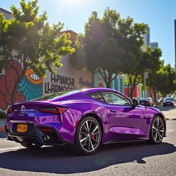 A vibrant purple car parked on a sunny street, showcasing its sleek design and glossy finish