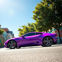 A vibrant purple car parked on a sunny street, showcasing its sleek design and glossy finish