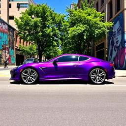 A vibrant purple car parked on a sunny street, showcasing its sleek design and glossy finish