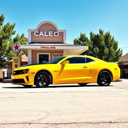 A striking yellow and black Camaro parked at an old-fashioned gas station