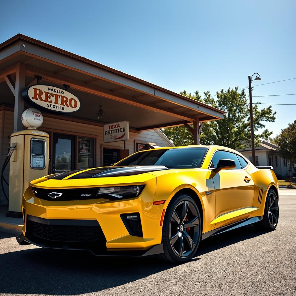 A striking yellow and black Camaro parked at an old-fashioned gas station