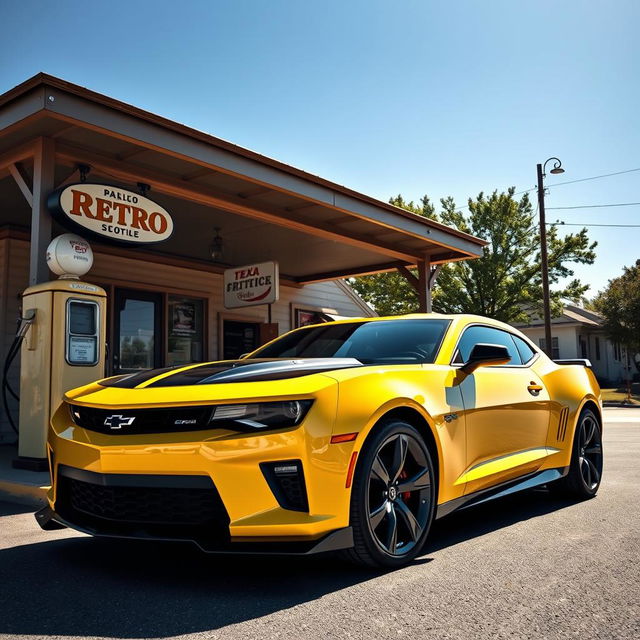 A striking yellow and black Camaro parked at an old-fashioned gas station