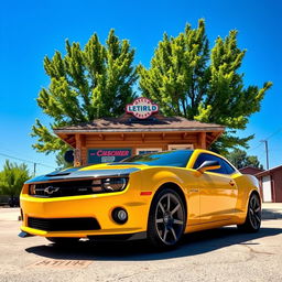 A striking yellow and black Camaro parked at an old-fashioned gas station