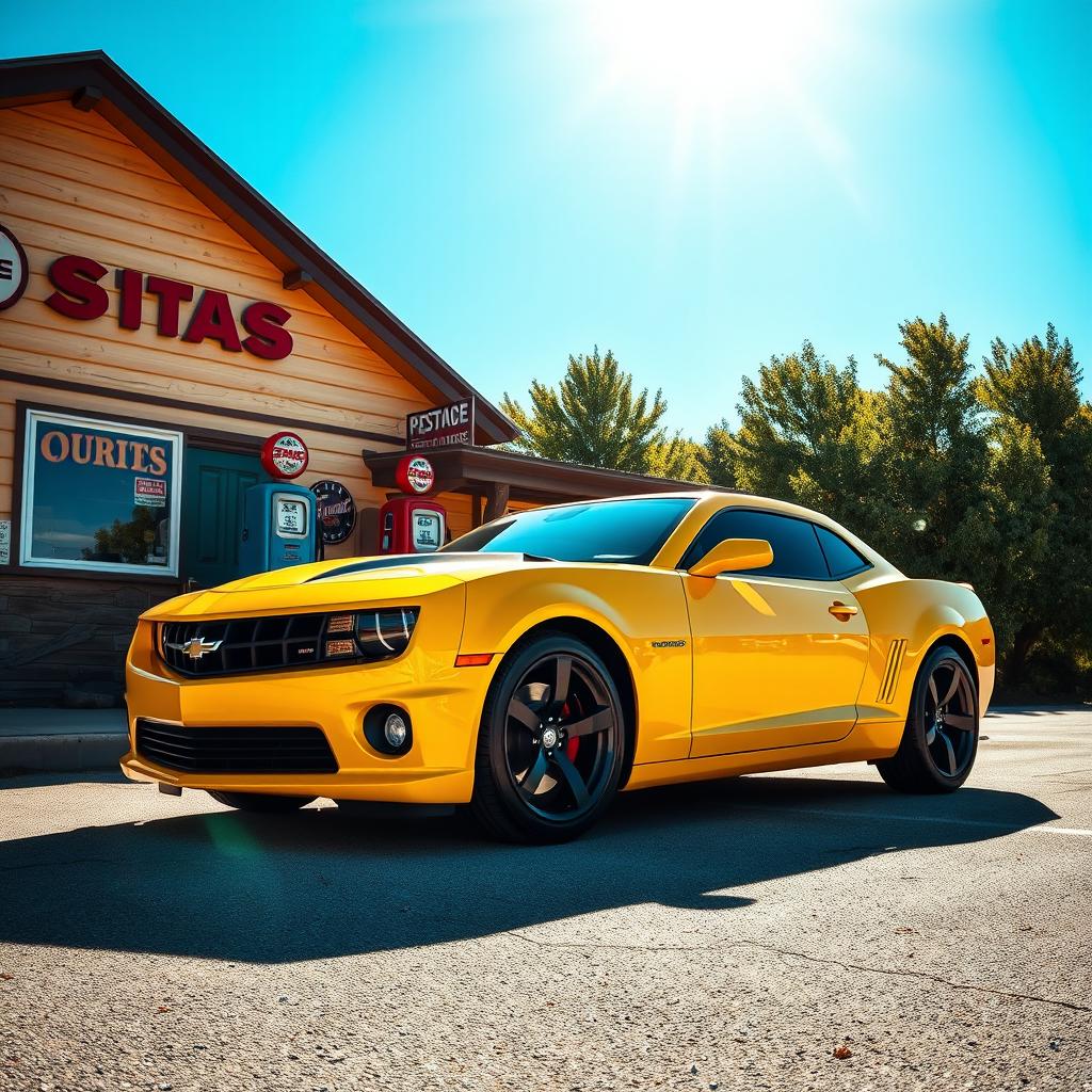 A striking yellow and black Camaro parked at an old-fashioned gas station