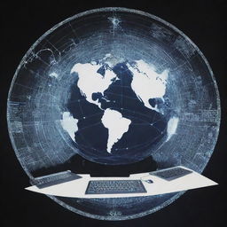 Revise the previous stylized stencil drawing to incorporate computers symbolizing digital connectivity in the global network, with world landmarks and communication symbols in the background.