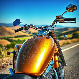 A stunning golden motorcycle parked on a scenic road