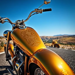 A stunning golden motorcycle parked on a scenic road