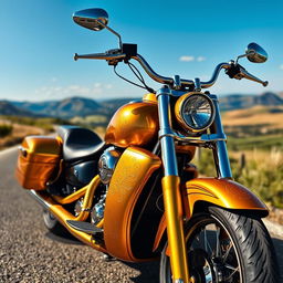 A stunning golden motorcycle parked on a scenic road