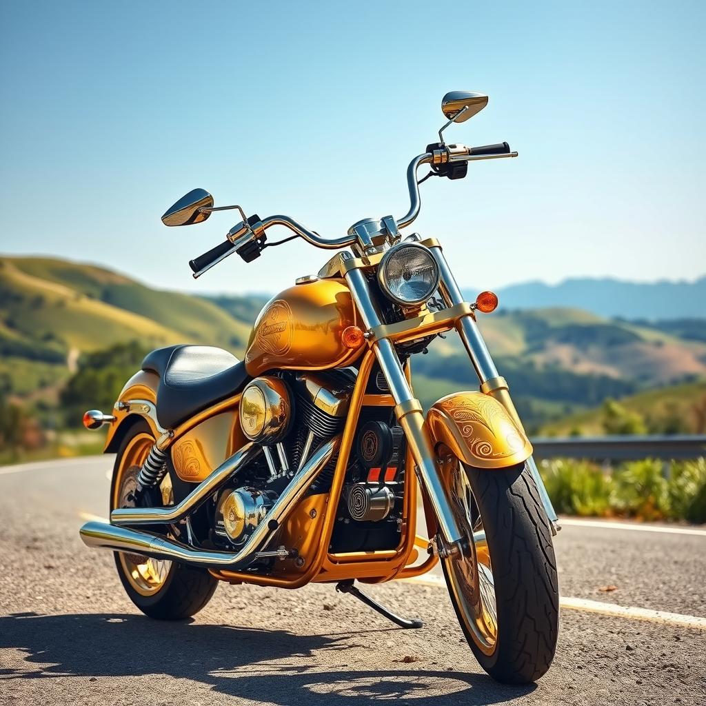 A stunning golden motorcycle parked on a scenic road