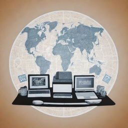 Revise the previous stylized stencil drawing to incorporate computers symbolizing digital connectivity in the global network, with world landmarks and communication symbols in the background.