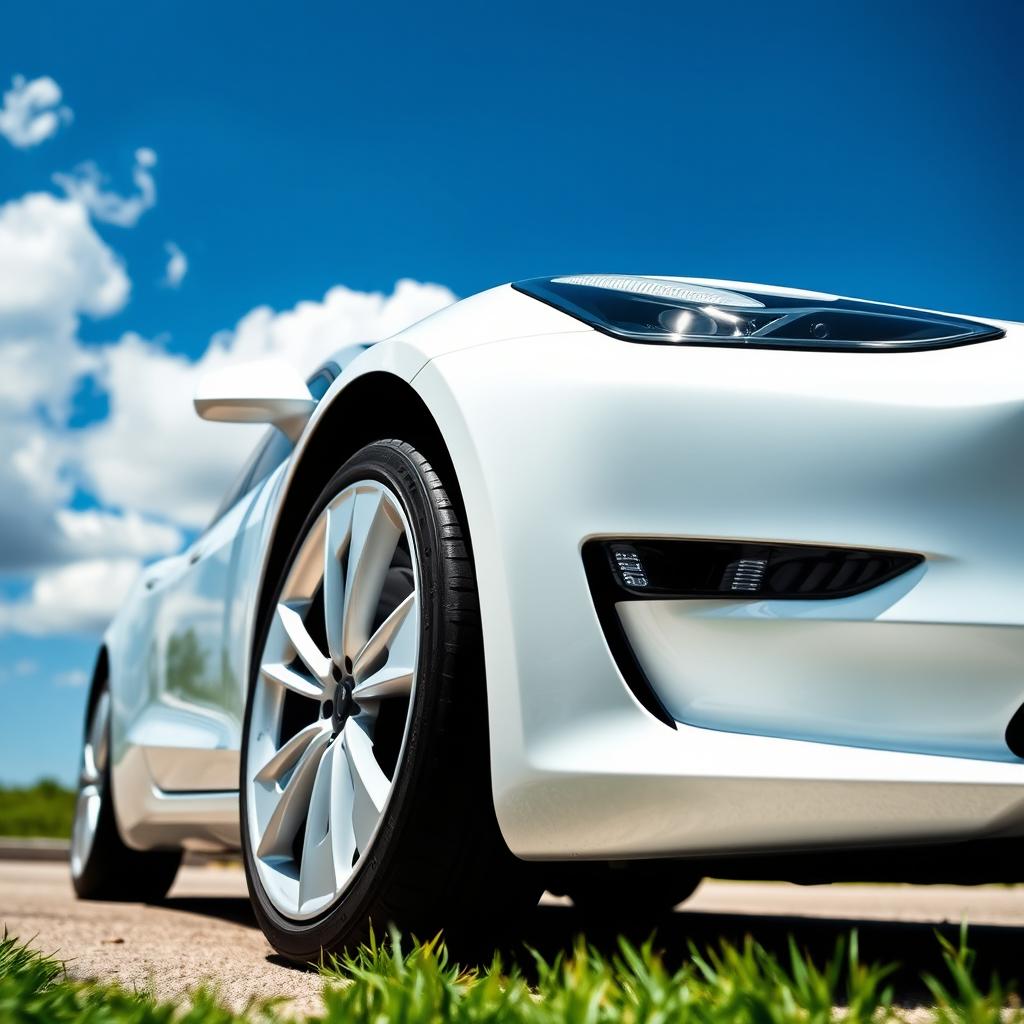 A sleek white Tesla car parked elegantly, showcasing its modern design and smooth curves