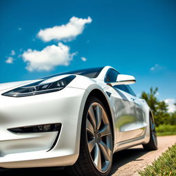 A sleek white Tesla car parked elegantly, showcasing its modern design and smooth curves