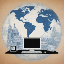 Revise the previous stylized stencil drawing to incorporate computers symbolizing digital connectivity in the global network, with world landmarks and communication symbols in the background.