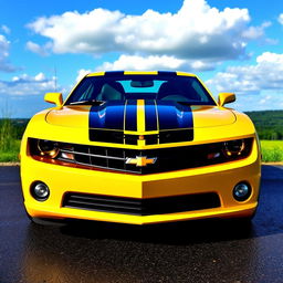 A vibrant yellow and black Camaro parked in a scenic outdoor setting