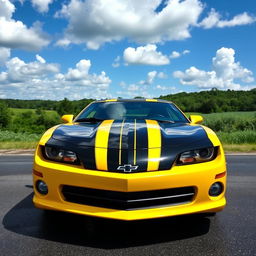 A vibrant yellow and black Camaro parked in a scenic outdoor setting