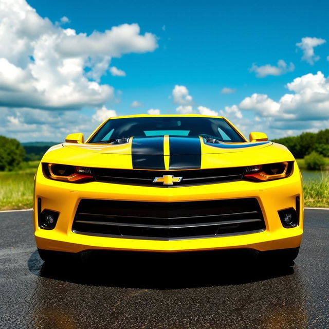 A vibrant yellow and black Camaro parked in a scenic outdoor setting