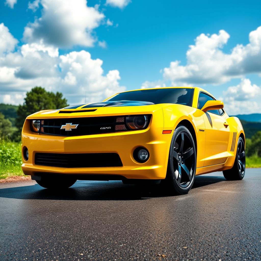 A vibrant yellow and black Camaro parked in a scenic outdoor setting