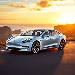 A sleek, modern white Tesla car parked on a scenic coastal road with a breathtaking ocean view in the background