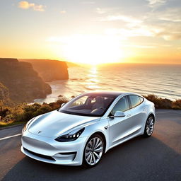 A sleek, modern white Tesla car parked on a scenic coastal road with a breathtaking ocean view in the background