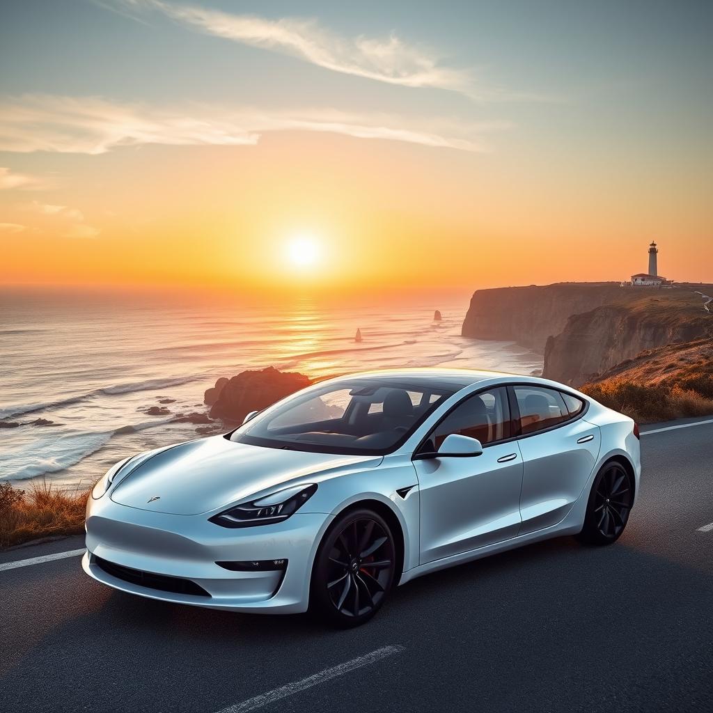 A sleek, modern white Tesla car parked on a scenic coastal road with a breathtaking ocean view in the background