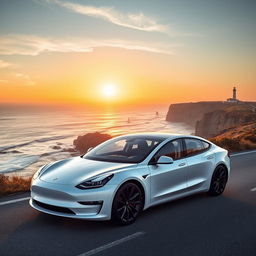 A sleek, modern white Tesla car parked on a scenic coastal road with a breathtaking ocean view in the background