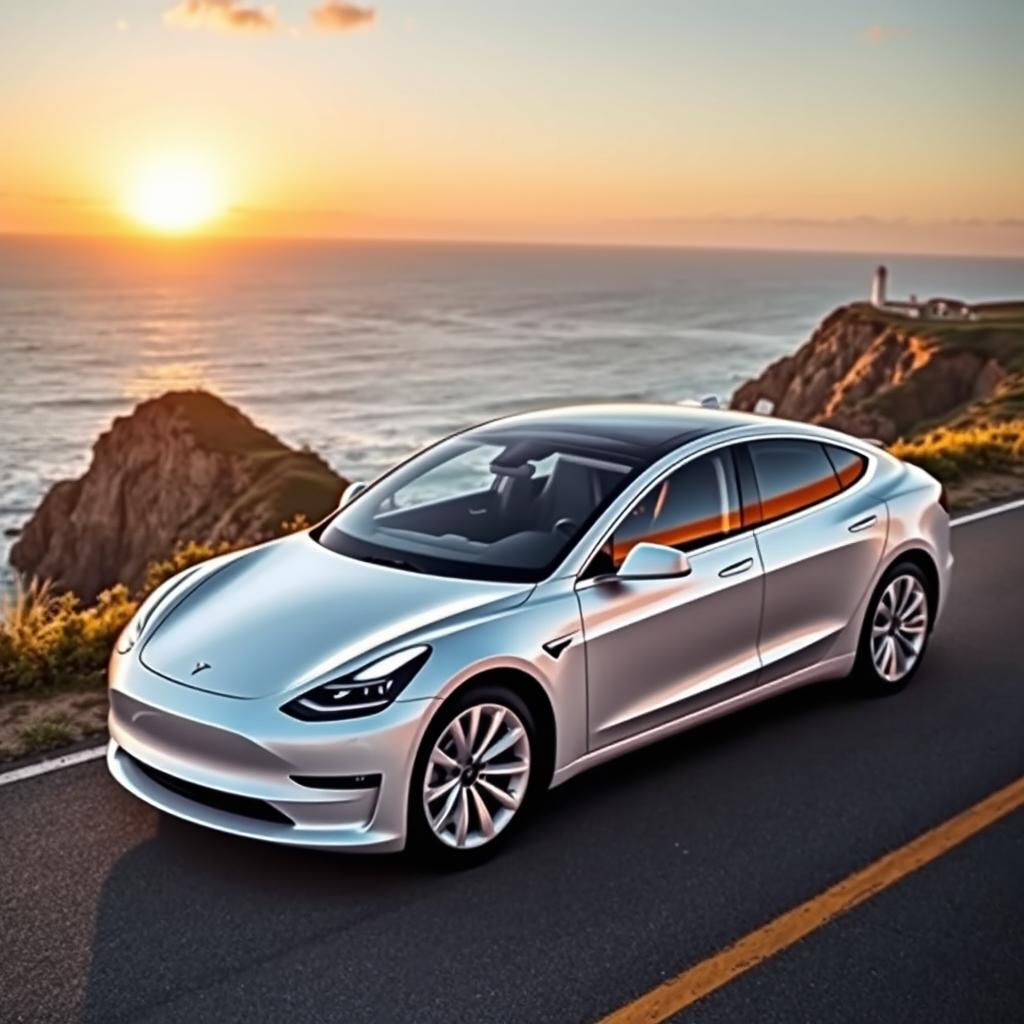 A sleek, modern white Tesla car parked on a scenic coastal road with a breathtaking ocean view in the background