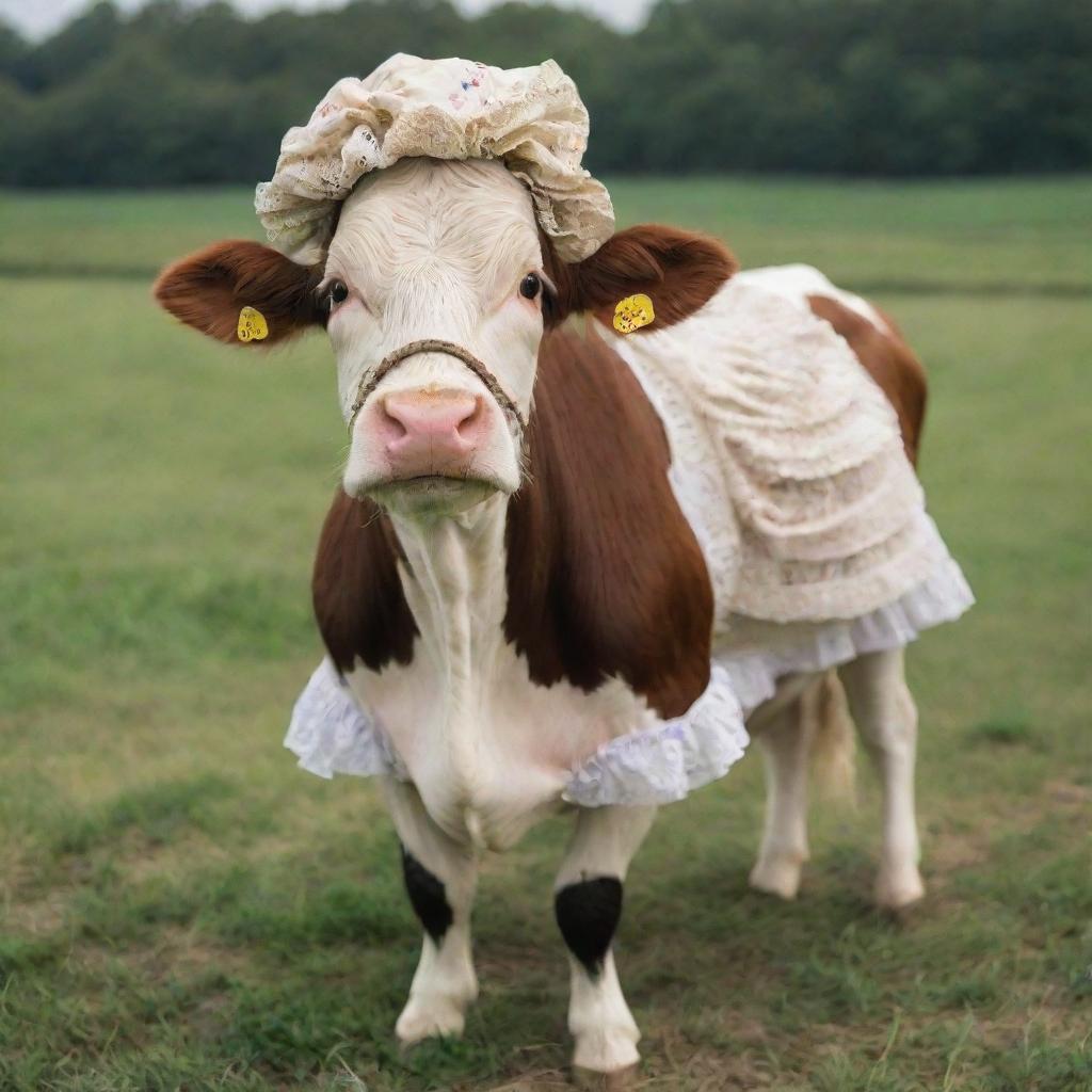 An adorable cow dressed in vintage clothing, sporting a Victorian-era bonnet and petticoat, exuding the charm of an old-fashioned countryside.