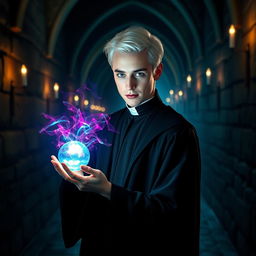 Draco Malfoy with a glowing plasma membrane in his hand, showcasing a magical and futuristic aesthetic