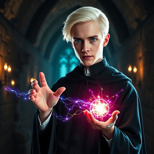 Draco Malfoy with a glowing plasma membrane in his hand, showcasing a magical and futuristic aesthetic