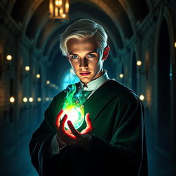 Draco Malfoy with a glowing plasma membrane in his hand, showcasing a magical and futuristic aesthetic